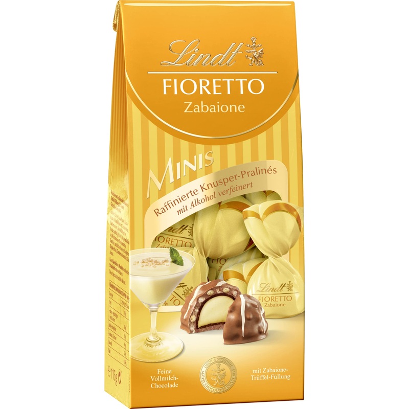 Lindt chocolate - fioretto minis zabaione |115 G |Approx. 10 full milk chocolates with Zabione truffle filling covered by crispy crisp alcoholic |Praline gift |Chocolate gift Zabaione 115 g