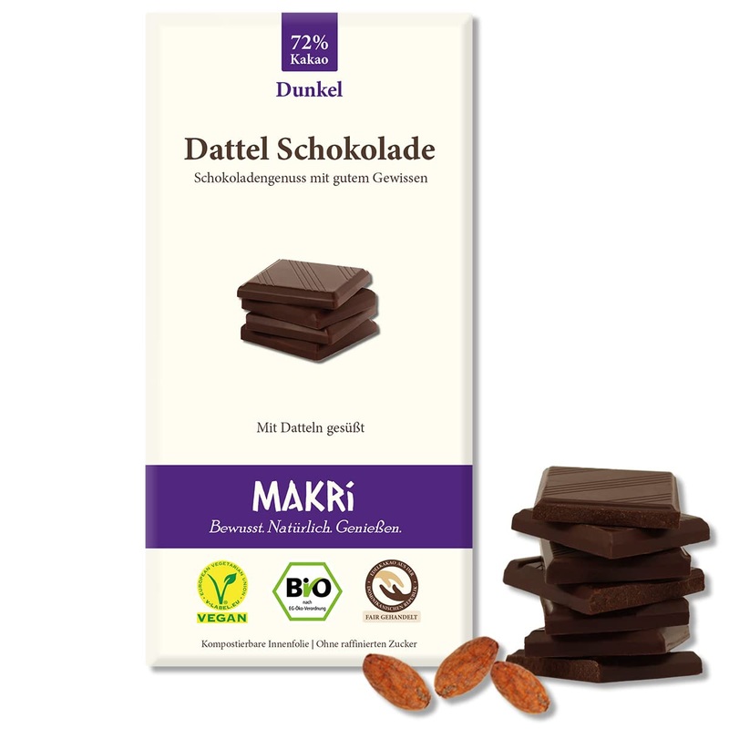 Makri Bio Dattel chocolate - without refined sugar sweetened with dates vegan & fairly traded (dark 72 % 10 plates) dark 72 % 10 pieces (1 Pack)