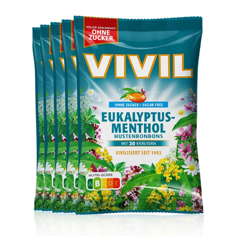 Vivil Eucalyptus-Medhol with 20 herbs 5 bags cough candies with eucalyptus taste sugar-free & vegan 5 x 120g eucalyptus-menthol 5 bags