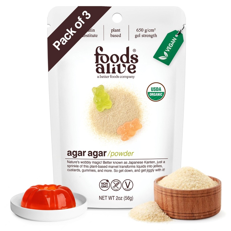 Foods Alive | Organic Agar Agar Powder | 2 Oz | Plant Based Gelatin | Kosher Gelatin | Vegan | Gluten Free (3-Pack)