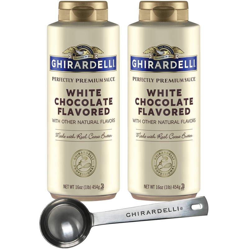 Ghirardelli White Chocolate Sauce, 16 Ounce Squeeze Bottle (Pack Of 2) With Ghirardelli Stamped Barista Spoon