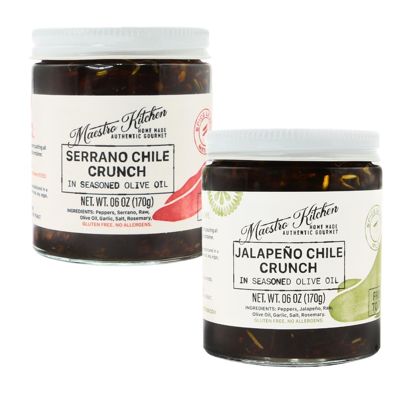 Spicy Serrano & Mild Jalapeno Pepper Chili Crisp Crunch - 6Oz Variety 2 Pack - All Natural Chili Oil Hot Sauce 100% Olive Oil, G
