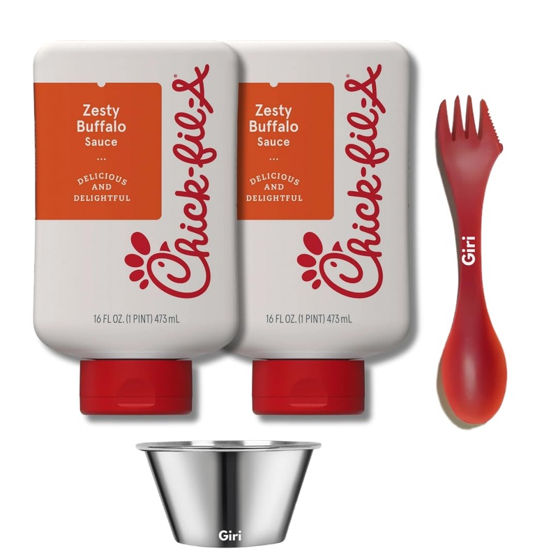 Chick-Fil-A Zesty Buffalo Sauce, 2Pk (16 Fl Oz Bottles) Bundle With Giri Plastic Spork And Stainless Steel Condiment Sauce Cup (
