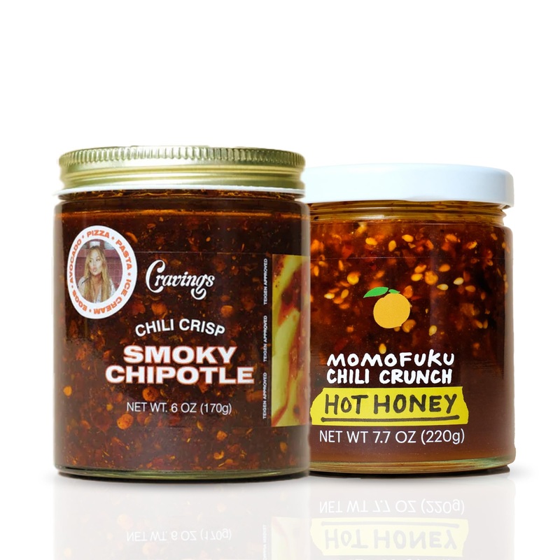 Cravings By Chrissy Teigen Chili Sauce Duo, Smoky Chipotle Chilli Crisp And Momofuku Hot Honey Chili Crunch, 13.7 Oz (2 Pack)