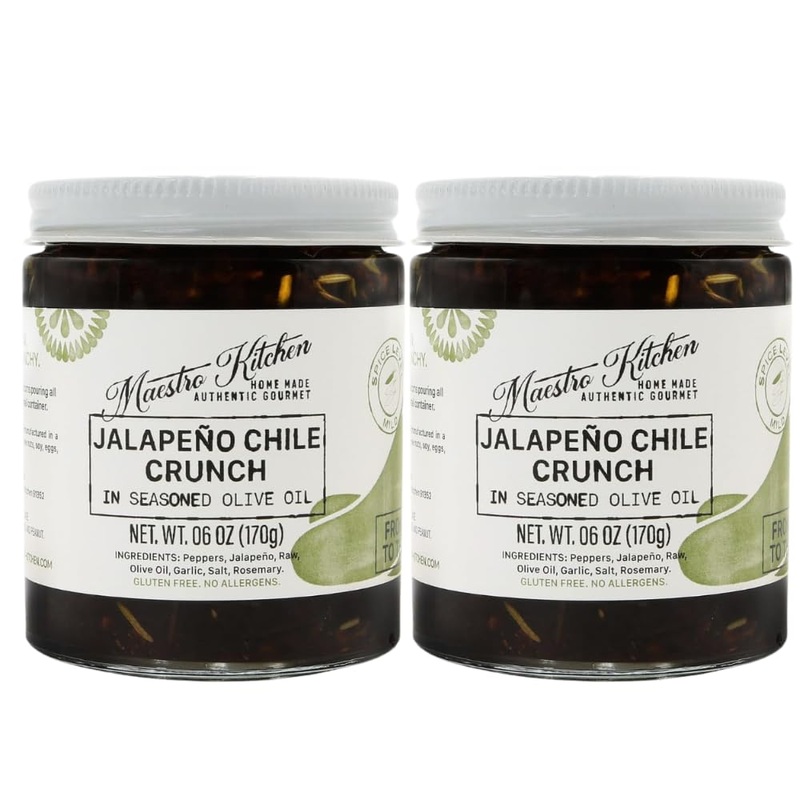 Mild Jalapeno Pepper Chile Crunch Crisp 6Oz 2 Pack - All Natural Chili Oil Hot Sauce 100% Olive Oil, Garlic & Rosemary - Spicy C