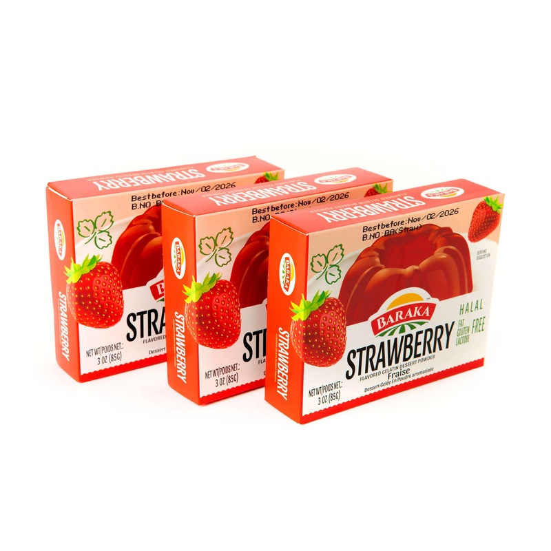 Baraka'S Halal Strawberry Gelatin Dessert Powder, 3 Oz, Gluten Free. (Pack Of 3)