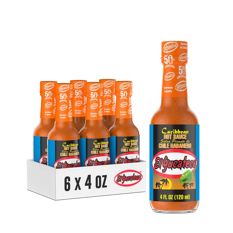 El Yucateco Caribbean Habanero Sauce, 4 Oz., 6 Pack, 7,000 Average Scoville Units, Gluten Free, Sugar Free