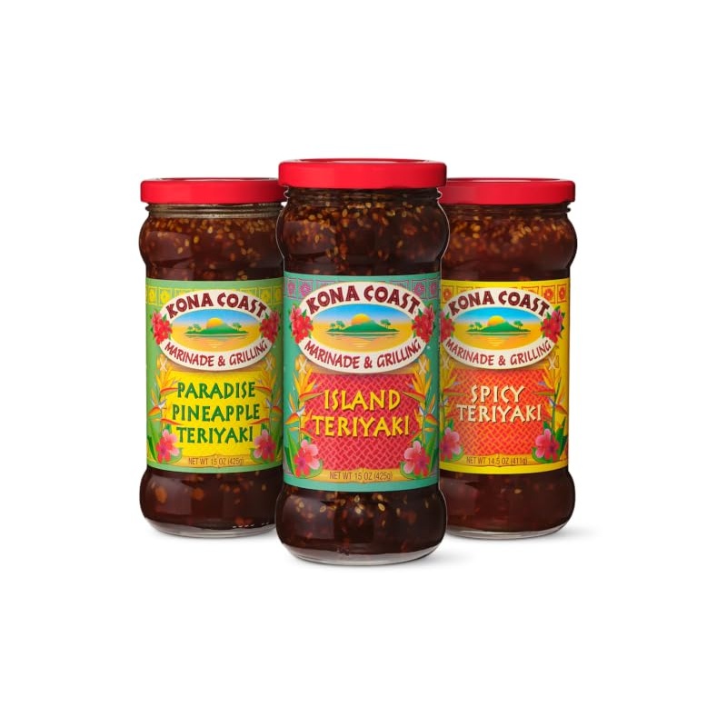 Kona Coast Variety Pack (3 Pack) | Paradise Pineapple Teriyaki Marinade & Grilling Sauce 15 Oz, Island Teriyaki Marinade & Grill