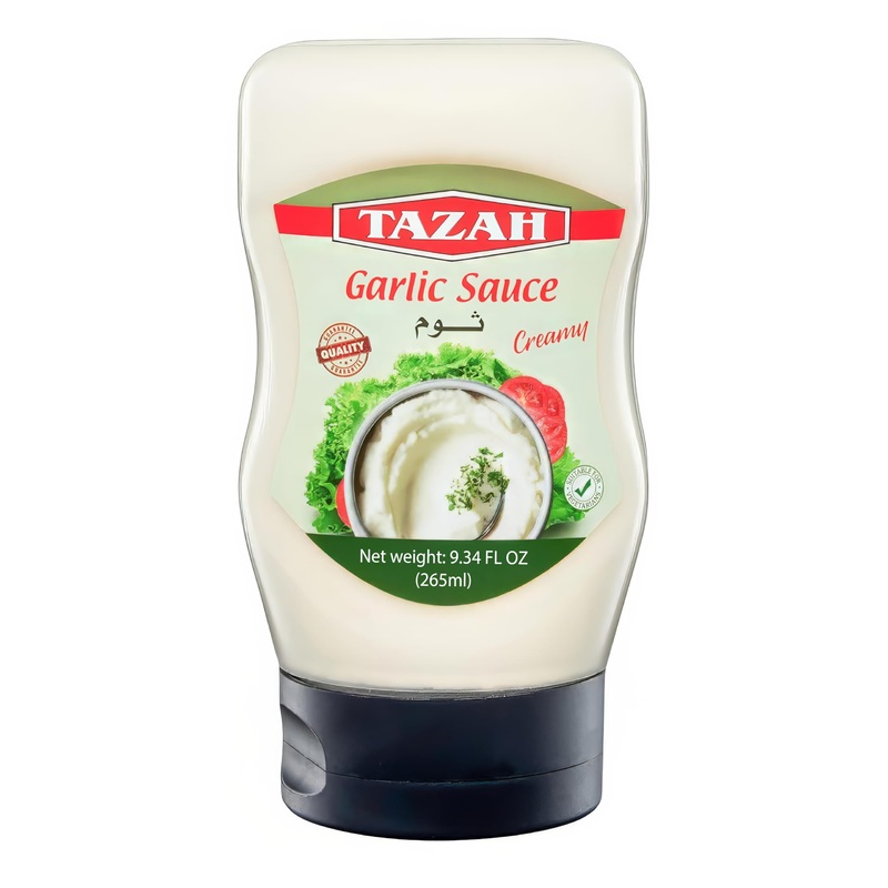 Tazah Lebanese Garlic Sauce 9.34 Fl Oz Squeezable Bottle Authentic Middle Eastern Creamy Garlic Dressing Great For Shawarma Fala