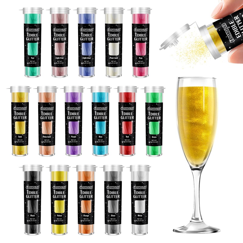 Edible Glitter - Food Grade 16 Colors Glitter For Drinks, Wines, Cocktails, Decorating Shimmering Glitter For Dessert, Cake, Fon