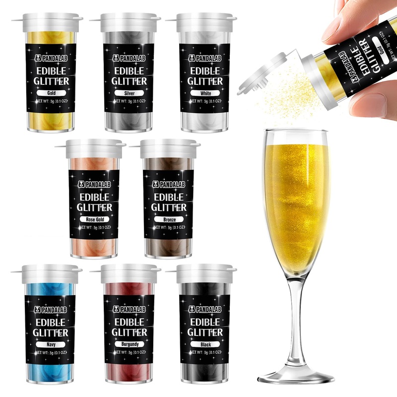 Edible Luster Dust - Food Grade Gold White Glitter For Drinks, Wines, Cocktails, 8 Colors Decorating Shimmering Glitter For Cake