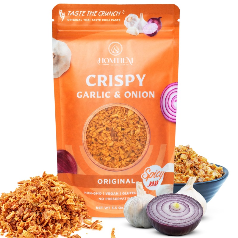 Homtiem Crispy Garlic & Onion : Original Spicy 3.5 Oz., Medium Spice, Versatile Seasoning, All-Natural, Non-Gmo, Vegan & Gluten-
