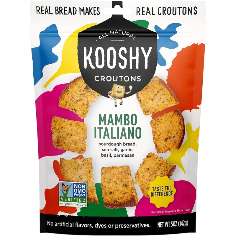 Kooshy Croutons - Mambo Italiano (Sourdough Bread, Garlic, Basil, Parmesan), All Natural, Vegetarian, Non-Gmo Croutons For Salad