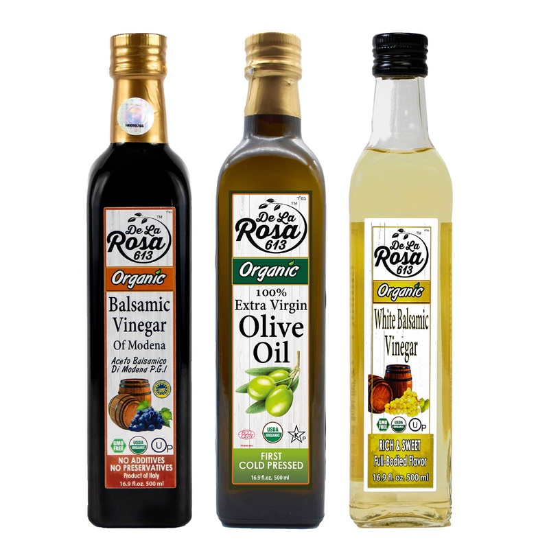 De La Rosa Extra Virgin Olive Oil, Balsamic & White Balsamic Vinegar, 100% Pure, Raw & Unfiltered, Vegan, Kosher & Gluten Free,