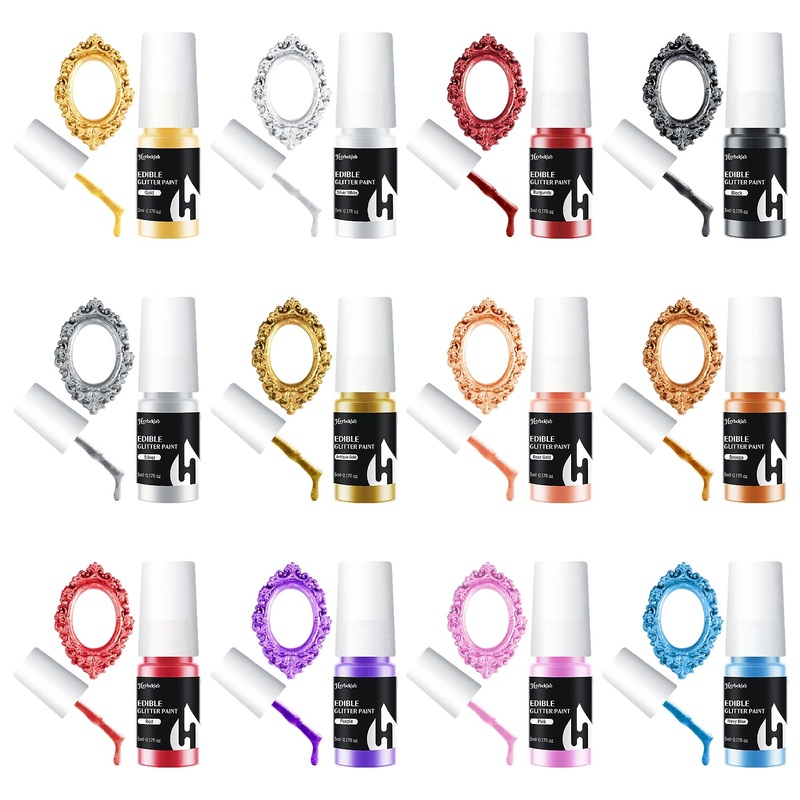 Edible Paint - 12 Colors Glitter Cake Paint Shiny Metallic Food Paint For Cake Decorating Cookies Fondant Edible Art Decorative