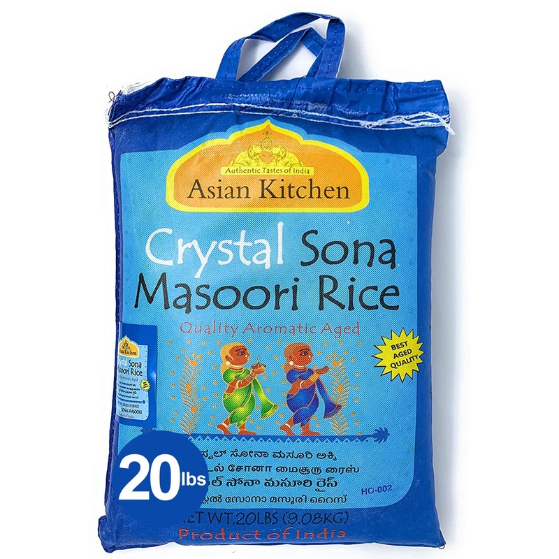 Asian Kitchen Crystal Sona Masoori Aged Rice 20-Pound Bag, 20Lbs (9.08Kg) Short Grain Rice ~ All Natural | Gluten Friendly | Veg