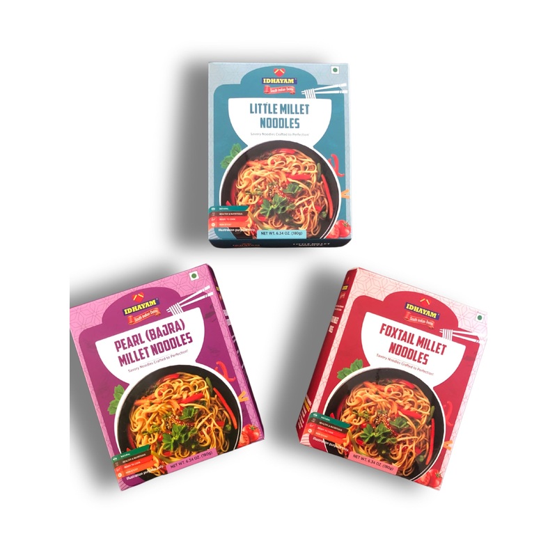 Millet Noodle Trio Pack - Little Millet, Pearl Millet (Bajra), & Foxtail Millet - 540G 3X180G - No Maida, High Protein & Fiber,
