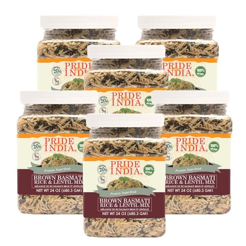 Pride Of India - Pack Of 6 - Indian Brown Basmati Rice & Lentil Kitchari Mix - Protein Superfood, 1.5 Pound Jar