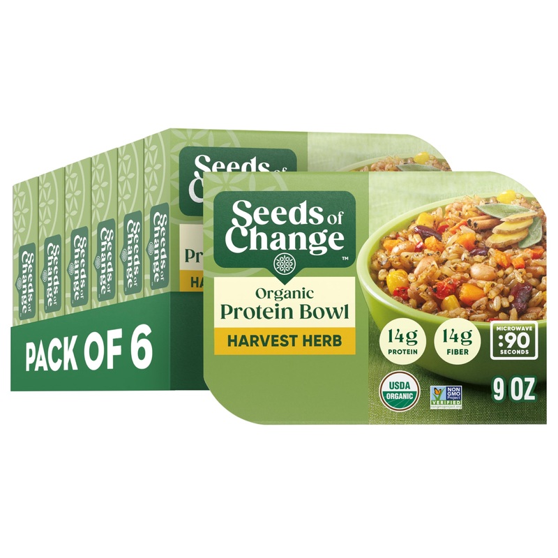SEEDS OF CHANGE Organic Protein Bowl, Harvest Herb, 9 oz, Microwave Ready, Pack of 6 - Quick & Healthy Prepared Entre