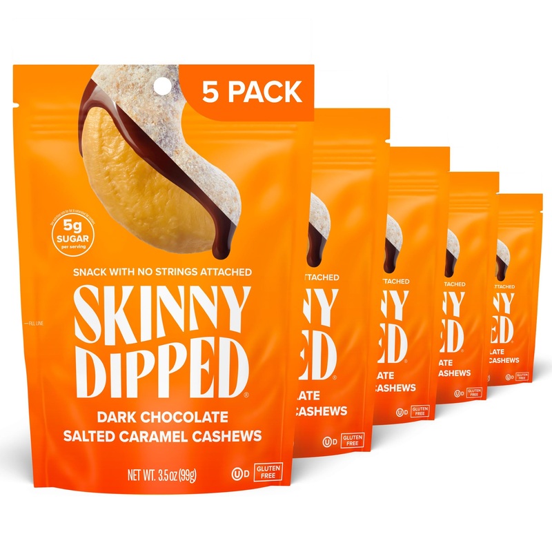 Skinnydipped Salted Caramel Cashews, Healthy Snack, Plant Protien, Gluten Free, 3.5Oz Resealable Bags, Pack Of 5