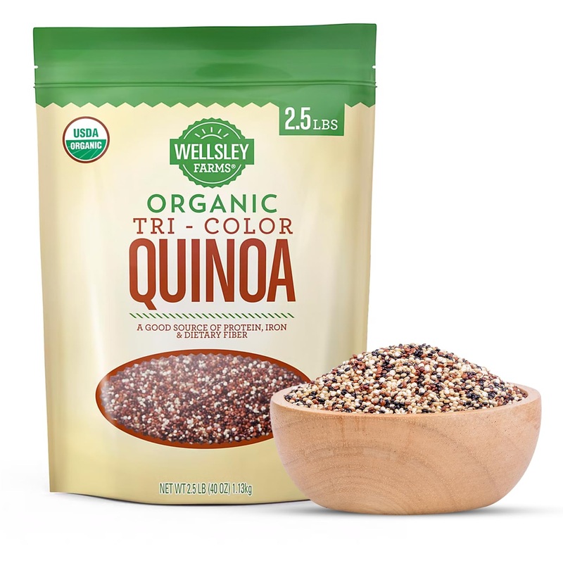 Wellsley Farms Organic Tri-Color Quinoa | Usda Certified Organic, Gluten-Free, Non-Gmo, Kosher | Vegan Protein Source | High Fib