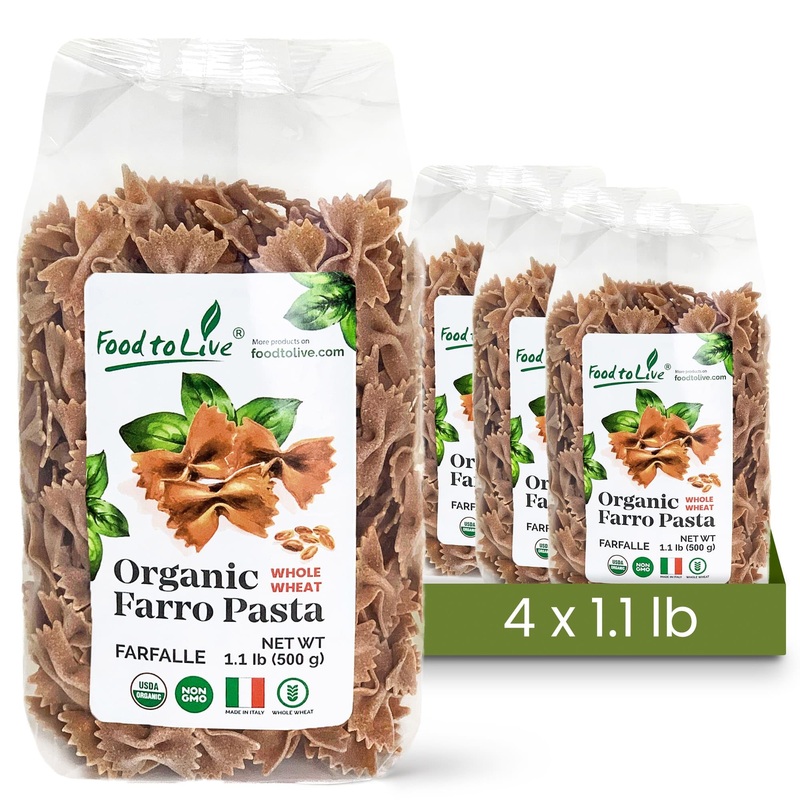 Food To Live - Organic Farro Farfalle Pasta, 1.1 Lb (Pack Of 4) - Italian Whole Wheat And Non-Gmo Bow-Tie Pasta, Single Ingredie