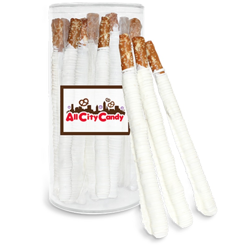 White Chocolate Hand Dipped  Pretzel Rods 12 pc. Tube