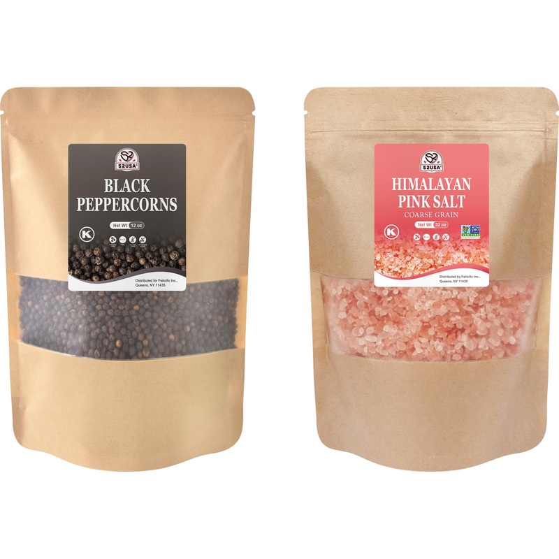 52Usa Whole Black Peppercorns 12 Oz + Himalayan Pink Salt (Coarse Grain) 2 Lb - Salt And Pepper Grinder, Black Peppercorn Refil,