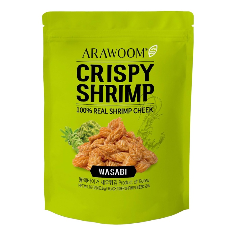 Arawoom - Real Crispy Shrimp Cheek Snack - 100% Real Black Tiger Shrimp - 16 Ounce (Pack Of 1) - Wasabi Flavor - Crunchy Treat F