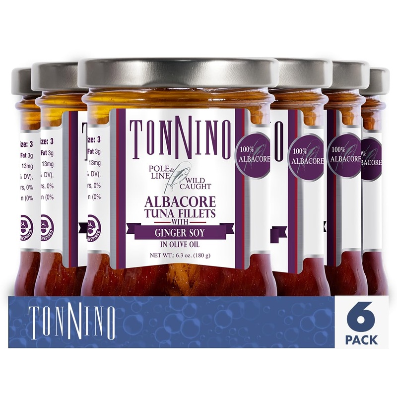 Tonnino Tuna Fish Albacore - Olive Oil With Ginger Soy - Pack Of 6 - Alternative To Salmon - Protein Snacks - Ready To Eat Meals