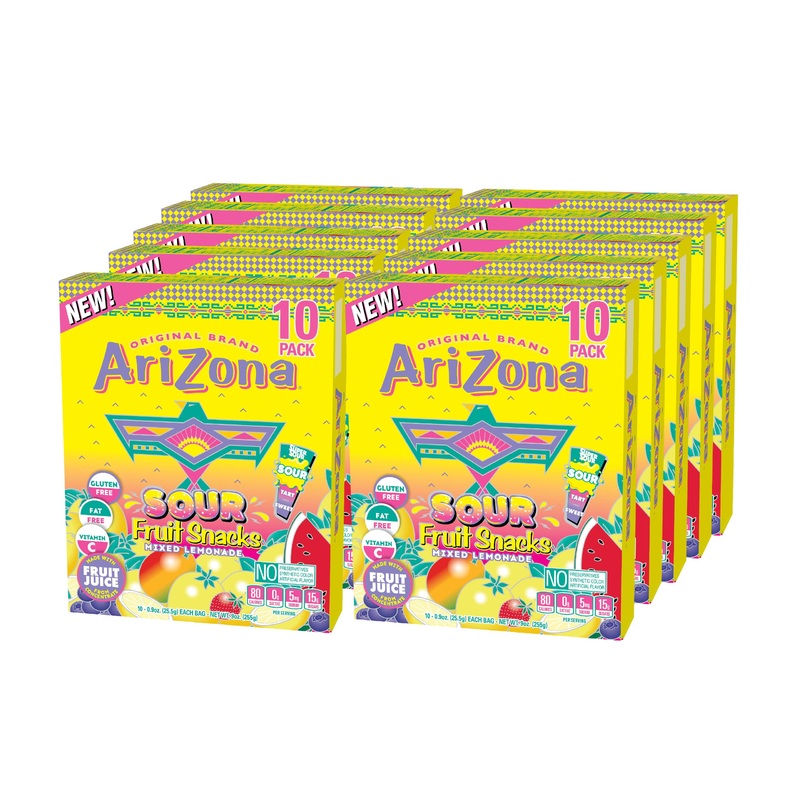 Arizona Fruit Snacks, Sour Lemonade - 10 Boxes Of 10 Ct. 0.9Oz Bags (Total 100 Ct. 0.9Oz Bags) - Gluten Free - Gummy Chews