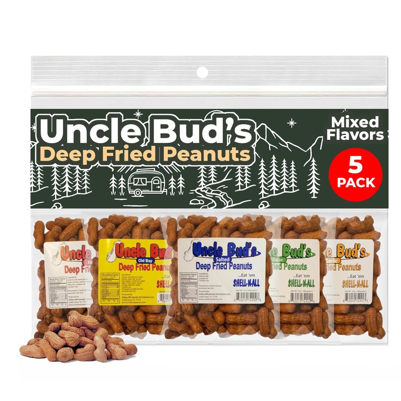 Uncle Bud'S Deep Fried Peanuts In Shell (5 Pack), Peanuts Individual Packs: Salted, Cajun, Garlic, Hot, Old Bay, Bacon Bbq, Crun
