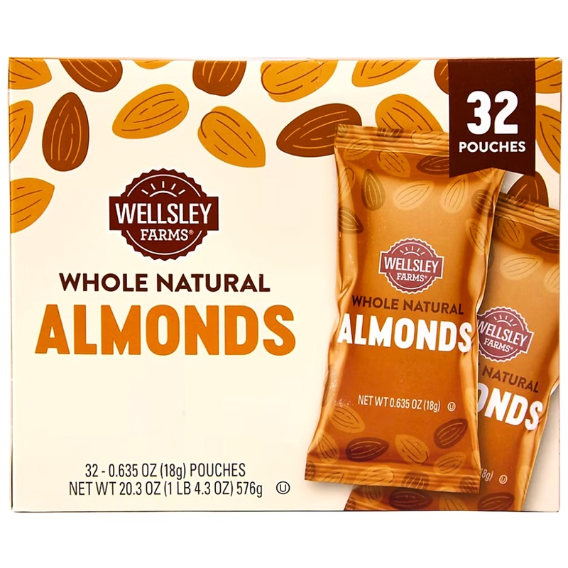 Wellsley Farms 100 Calorie Almond Snack Packs, Gluten-Free, Kosher, Non-Gmo, 32-Count Convenient Single-Serve Packs. No Salt.