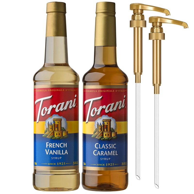 Torani Syrups, Classic Caramel And French Vanilla Syrup Variety 2-Pack, Coffee Syrups For Drinks, Pumps Included, 25.4 Fl Oz Ea
