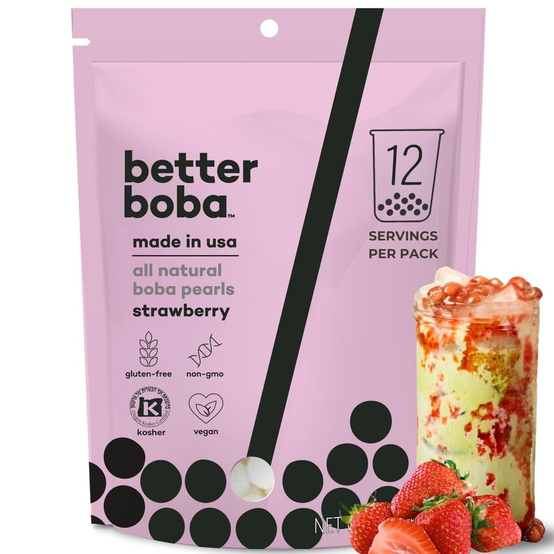 Better Boba All-Natural Strawberry Boba Pearls | Vegan, Gluten-Free, Non-Gmo, Kosher Boba For Bubble Tea, Desserts | 8 Oz Pack (
