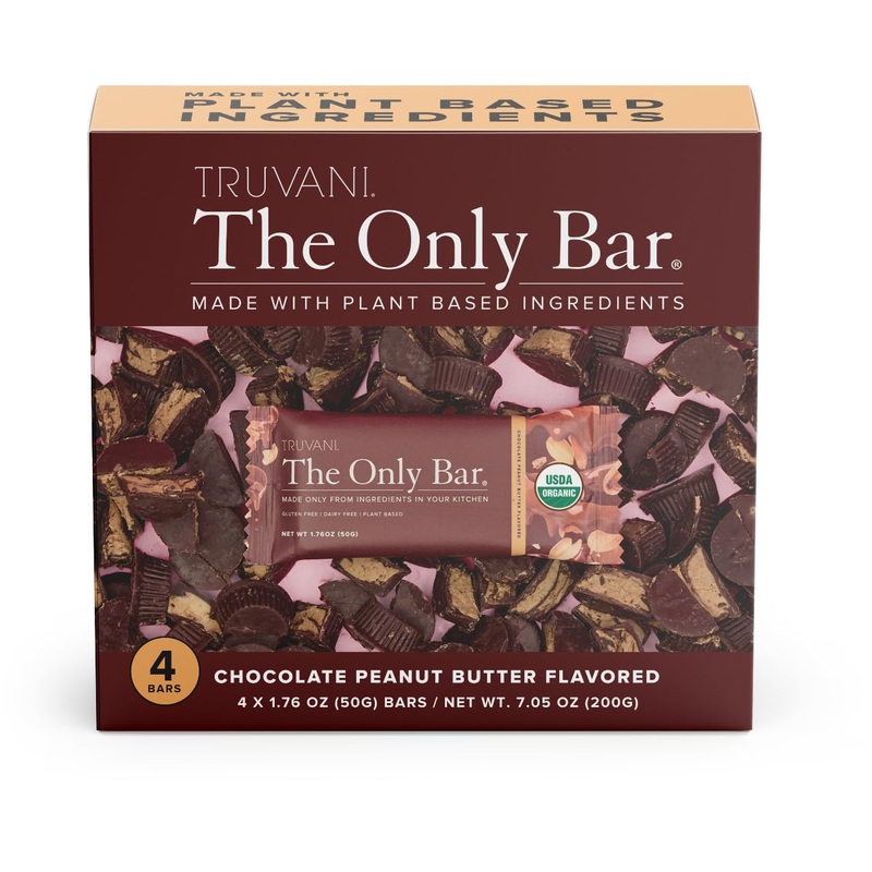Truvani Plant Based Snack Bars | Chocolate Peanut Butter 4 Pack | 7G Protein | Usda Organic And Vegan | The Only Bar | Dairy, So