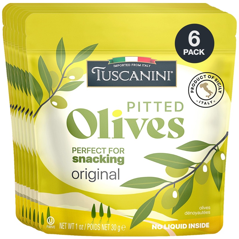 Tuscanini Italian Pitted Olive Snack Packs, 1 Oz (6 Pack) | Convenient Olive Pouches For Snacking | No Oil | Gluten Free, Vegan,