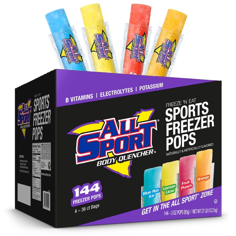 All Sport Freezer Pops, Giant Sized 3Oz, 144 Ct, Refreshing Ice Pops With Electrolytes, B Vitamins & Potassium -Blue Raz Ice, Le