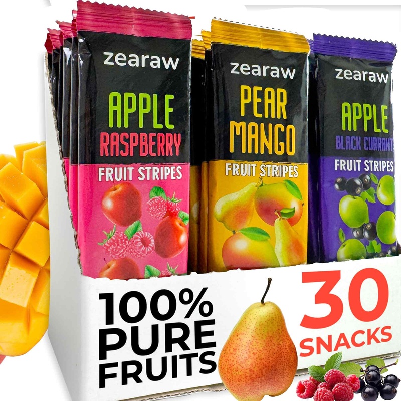 Zearaw Healthy Fruit Snacks For Adults And Kids - 30 Organic Fruit Leather With Dried Black Currant, Pear-Mango, Apple-Raspberry
