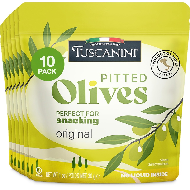 Tuscanini Italian Pitted Snack Olives, 1 Oz (10 Pack) | Convenient Olive Pouches For Snacking | No Oil | Gluten Free, Vegan, Ket