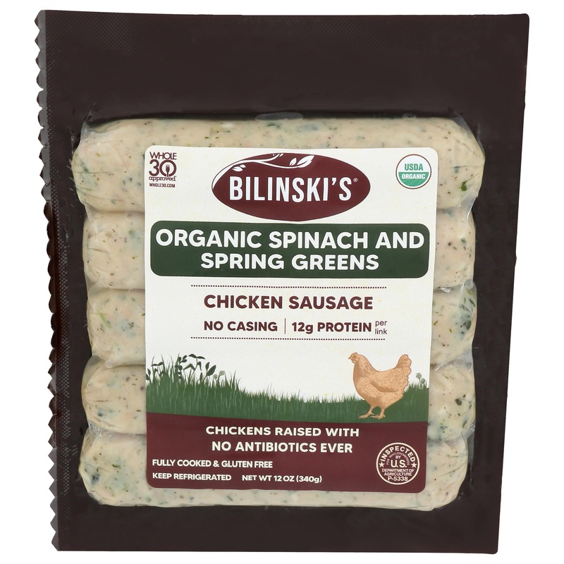 Bilinski Organic Spinach & Spring Greens Chicken Sausage, 12 Oz