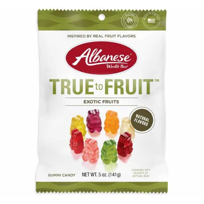 Albanese True to Fruit Exotic Fruits Gummy Bears Peg Bags: 12-Piece Box