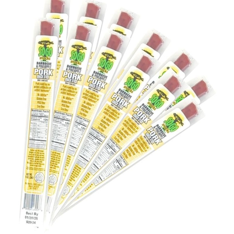Bbq & Pineapple Natural Pork Meat Sticks, Sogo Snacks, No Nitrates, Gluten, Soy, Msg, Dairy Or Nuts. Pork Used Has No Added Anti