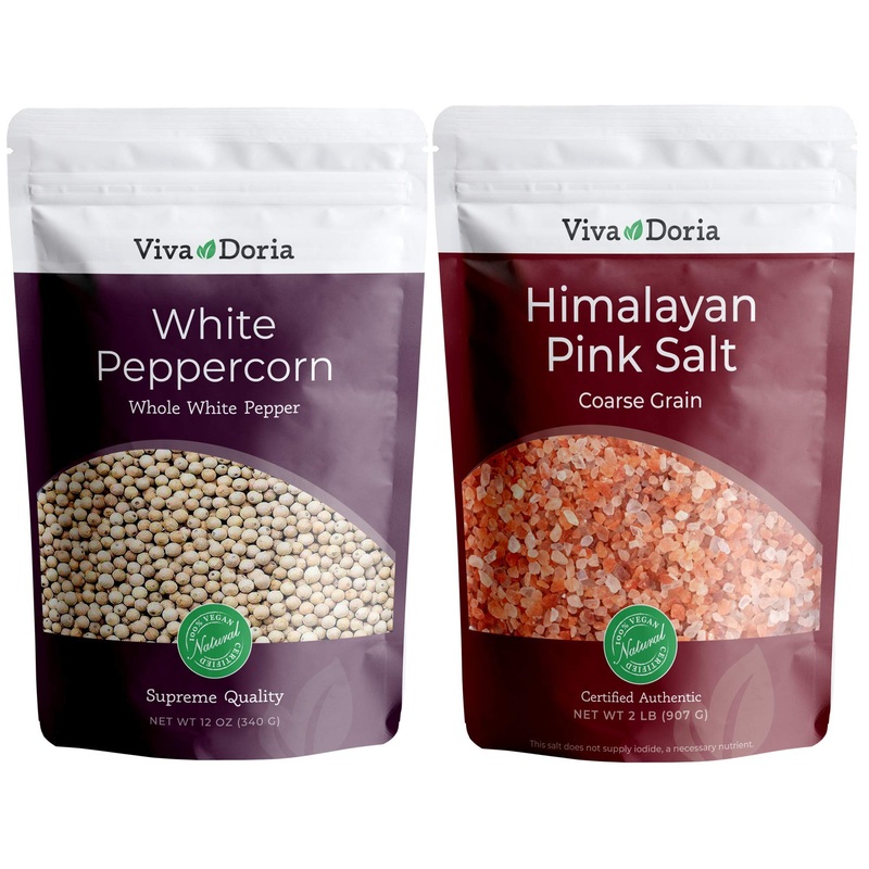Viva Doria White Peppercorns, Whole White Pepper, 12 Oz And Himalayan Pink Salt, Coarse Grain, 2 Lb For Grinder Refills