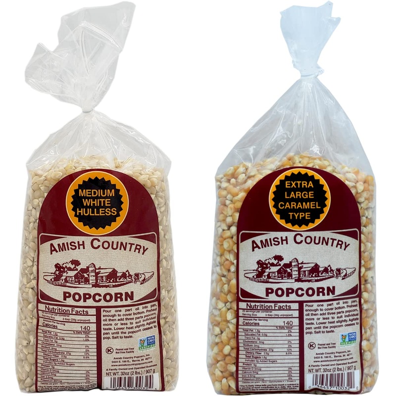 Amish Country Popcorn | 2-2 Lb Bags | 2 Lb Medium White And 2 Lb Extra Large Caramel Type Popcorn Kernels Bundle | Old Fashioned