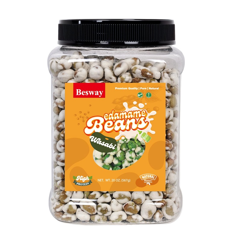 Besway Wasabi Flavor Dry Roasted Edamame 20 Oz, High Protein Crunchy Snack, Non-Gmo, Vegan, Gluten-Free, Transparent Plastic Jar