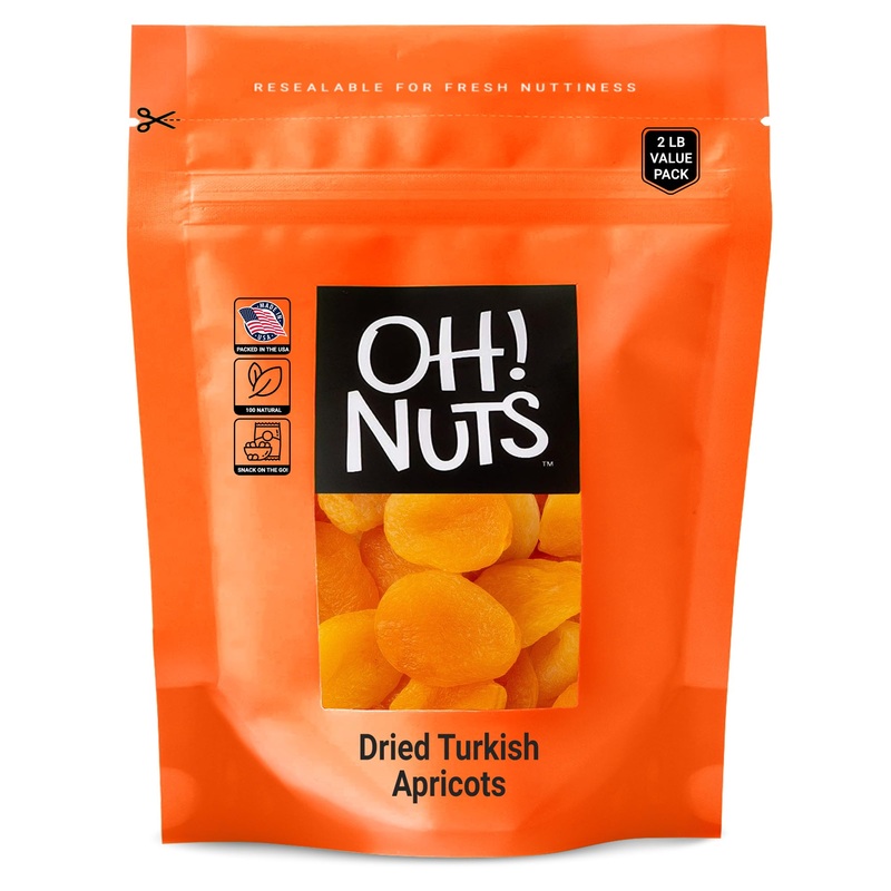 Oh! Nuts Dried Apricots Turkish - 2 Lb - Dried Fruit - No Sugar Added - Dehydrated Fruit Bites - Packed In New York Zip-Seal Bag