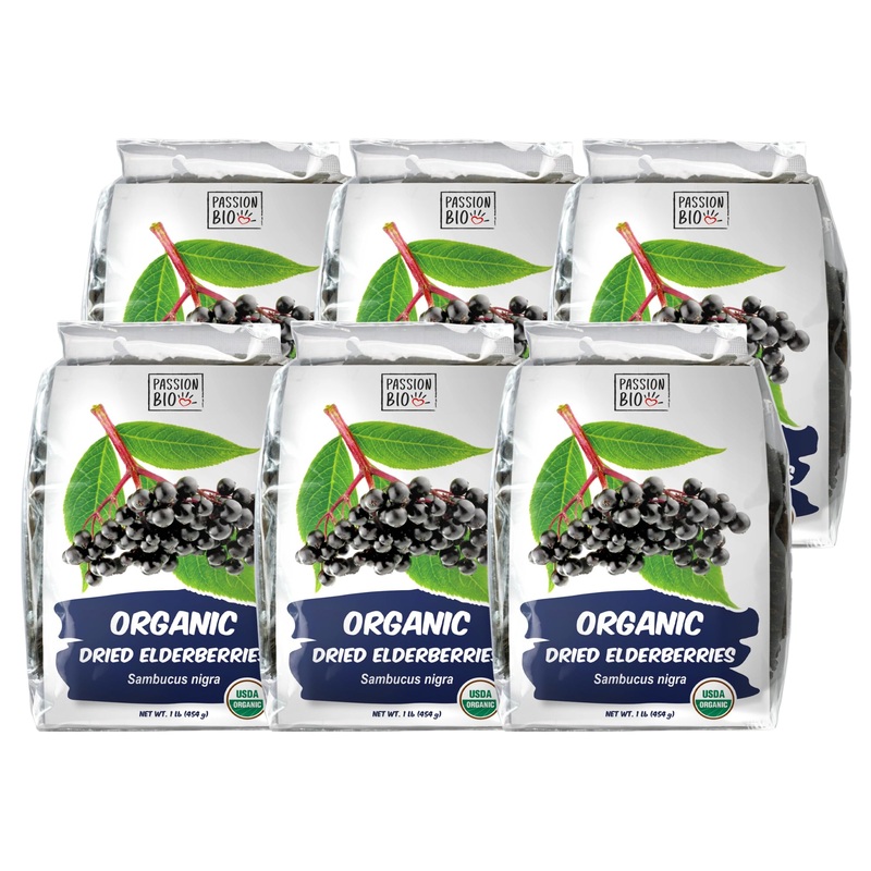 Dried Elderberries Organic 1 Lb Bulk Bag (6-Pack) - Usda Certified, Non-Gmo Sambucus Nigra, Whole Dried Elderberry - Natural, No