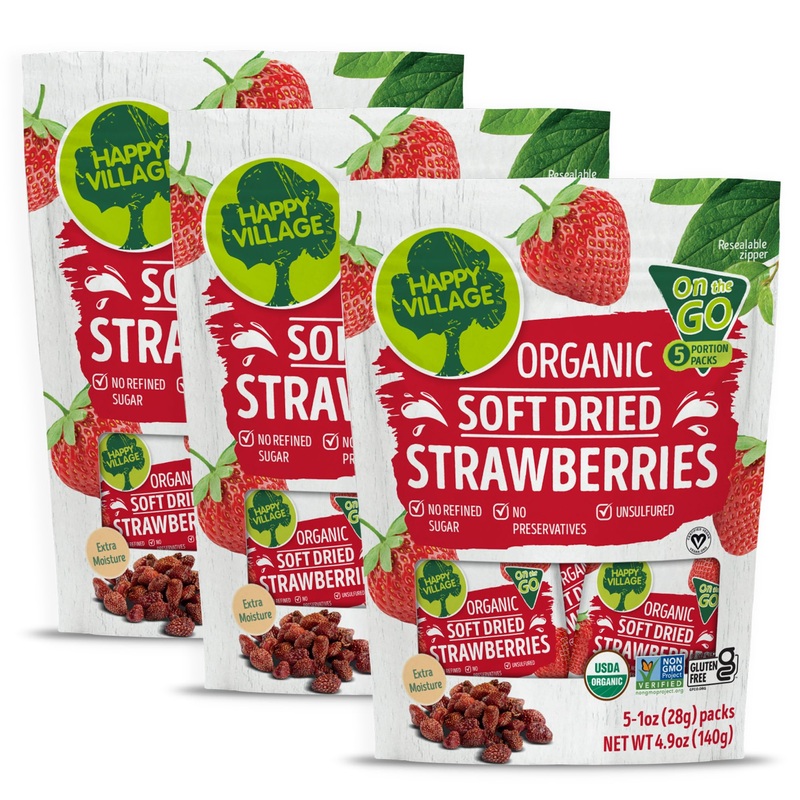 Happy Village Organic Soft Dried Strawberries On The Go - 3 Bags (15 Individual Portion Packs) | Healthy, Organic, Non-Gmo, Vega