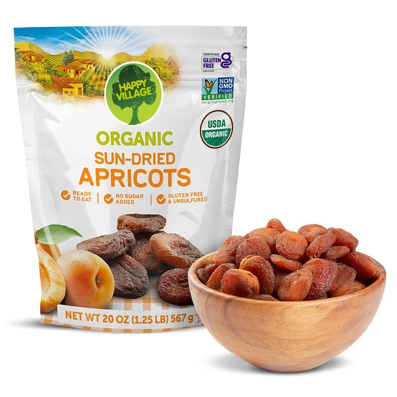 Happy Village Organic Turkish Sun-Dried Apricots, 20 Oz Resealable Bag, No Added Sugar Dried Fruit, Usda Organic, Non-Gmo, Koshe